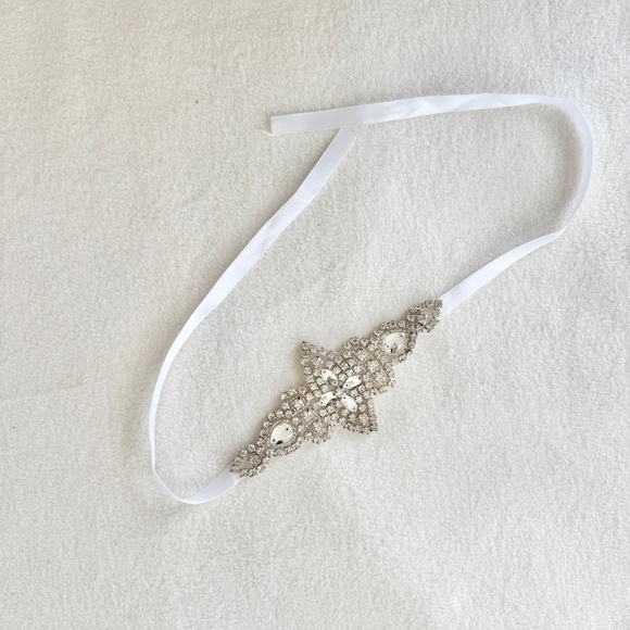 Handmade Bridal Rhinestone Headband with White Satin Ribbon - Picture 3 of 3